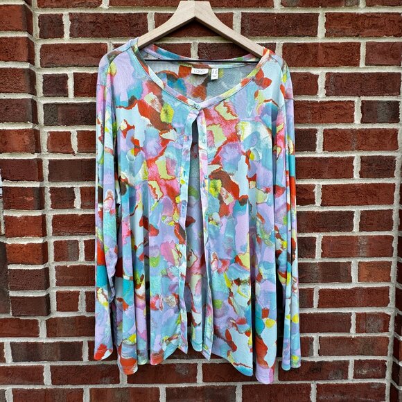 LOGO Lori Goldstein Clarissa Mesh Cardigan Womens 3X Aqua Watercolor Print Artsy - Picture 1 of 10